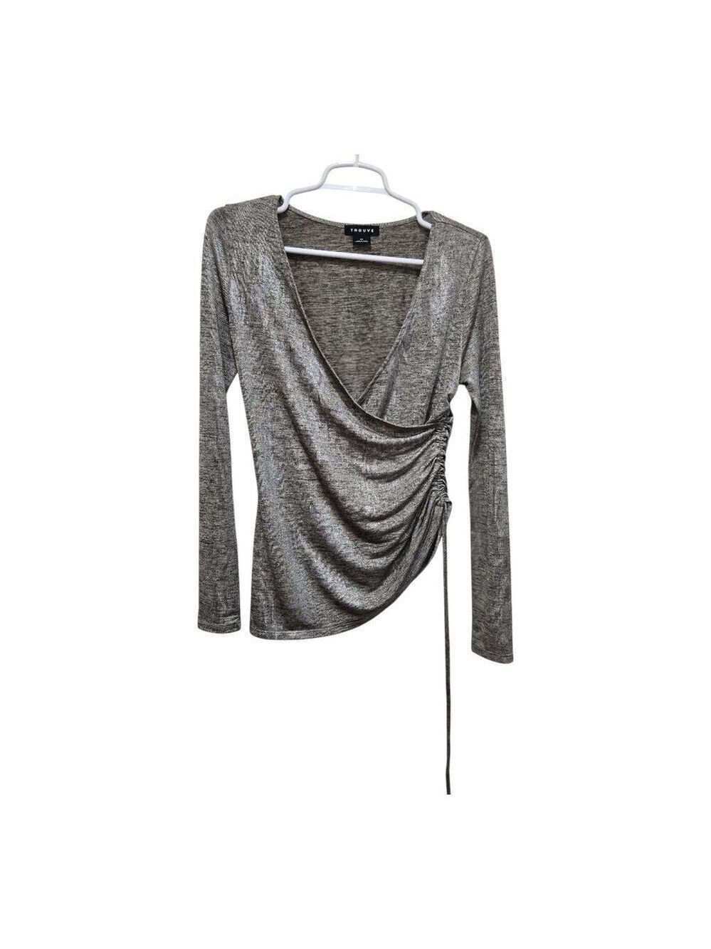Trouve Metallic Wrap Top XS Ruched Side Long Sleeve